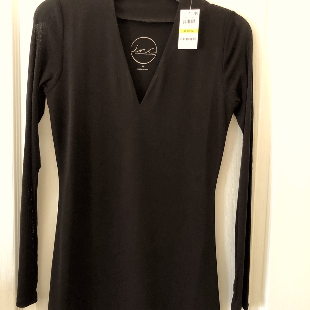 INC. International Concepts Essentials Deep Black  Long Sheer Sleeved Top Medium